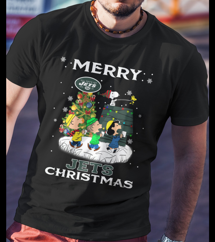 Merry Jets Christmas New York Snoopy Fans Peanuts Tree T-Shirt