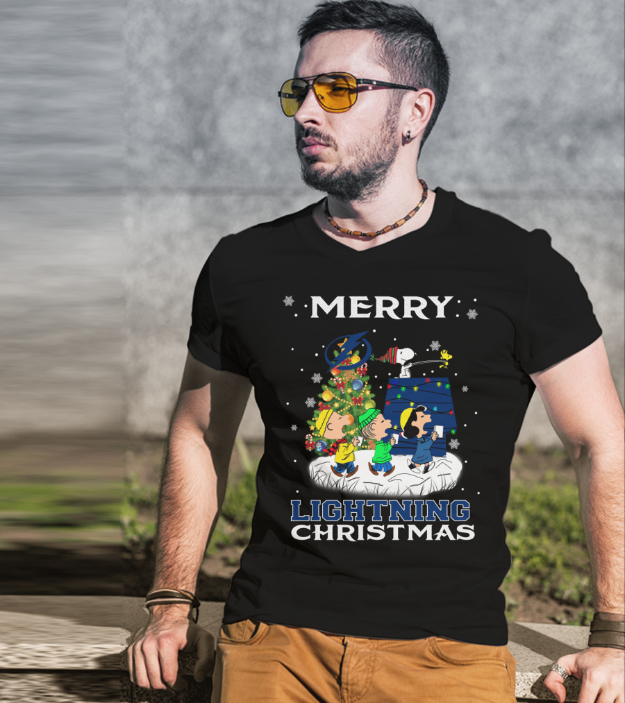 Merry Tampa Bay Lightning Christmas Snoopy And Friends With Holiday Tree T-Shirt