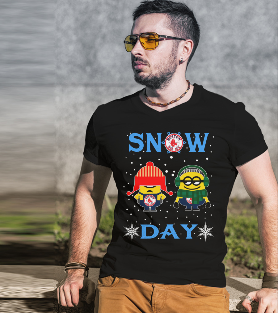 Snow Day For Boston Red Sox With Minion Fans In Winter Gear T-Shirt