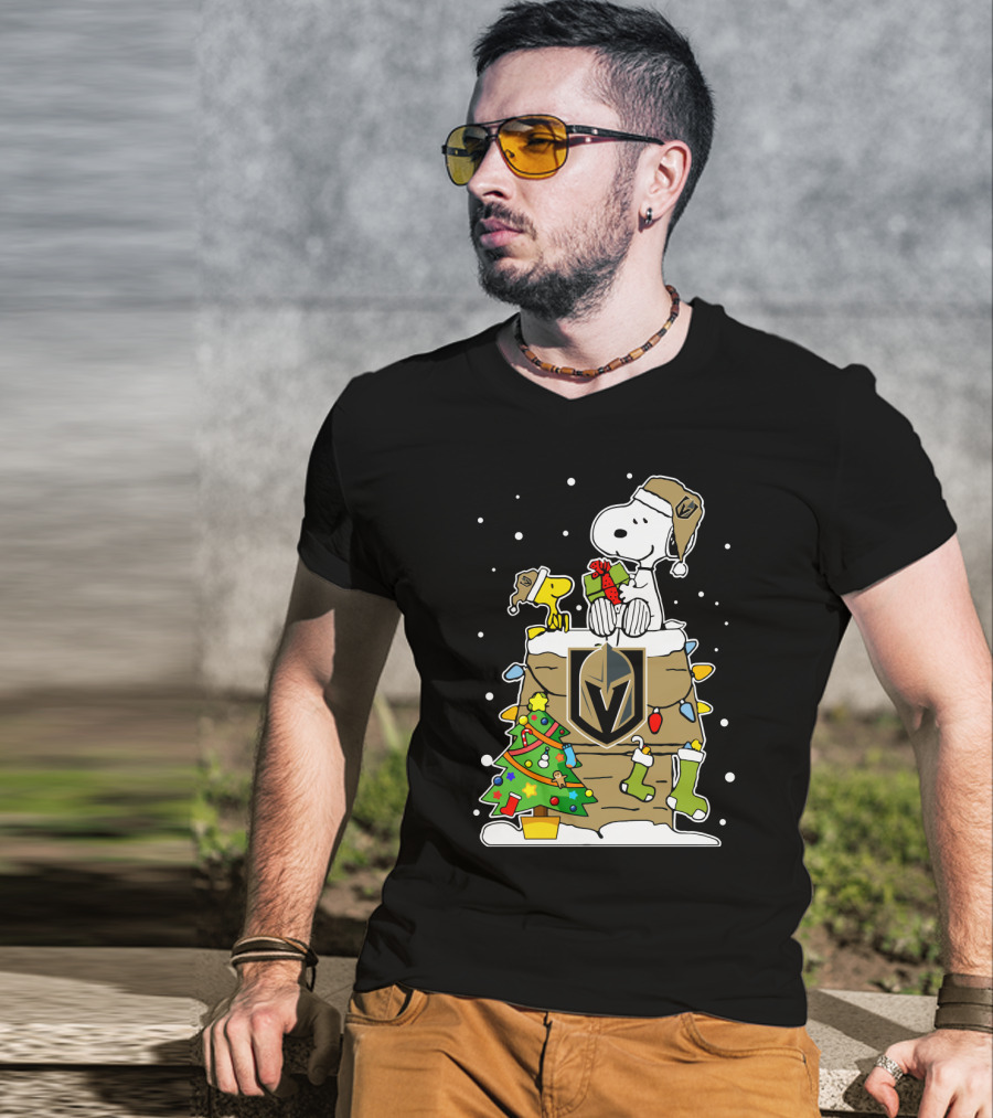 Vegas Golden Knights Snoopy Christmas Gift Stack Peanuts Fan T-Shirt