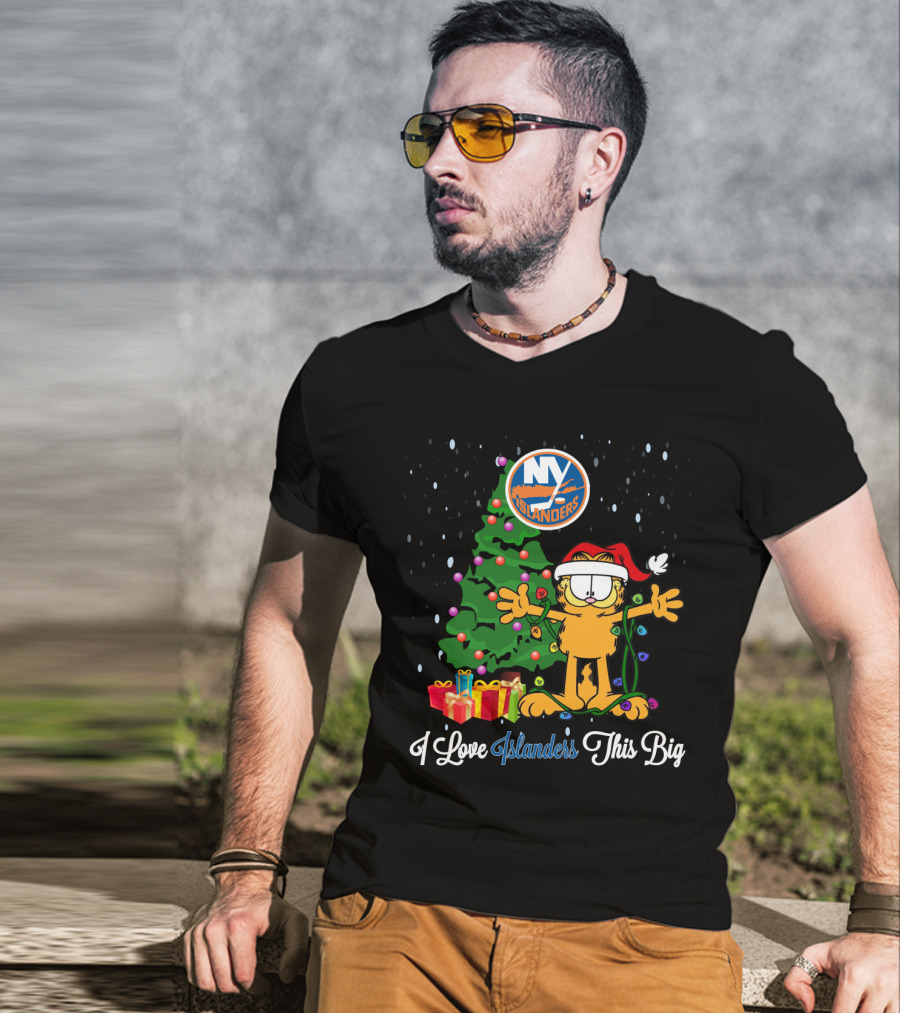 Garfield Christmas With New York Islanders Tree I Love Islanders This Big T-Shirt