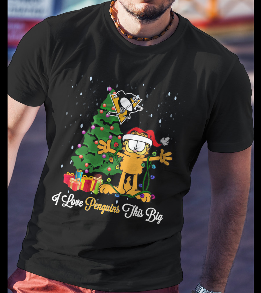 Santa Garfield With Christmas Tree And Pittsburgh Penguins Holiday T-Shirt