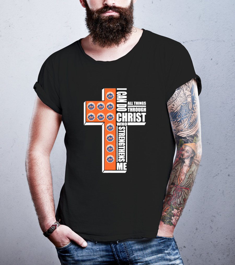 New York Mets I Can Do All Things Through Christ Who Strengthens Me Logos Cross T-Shirt