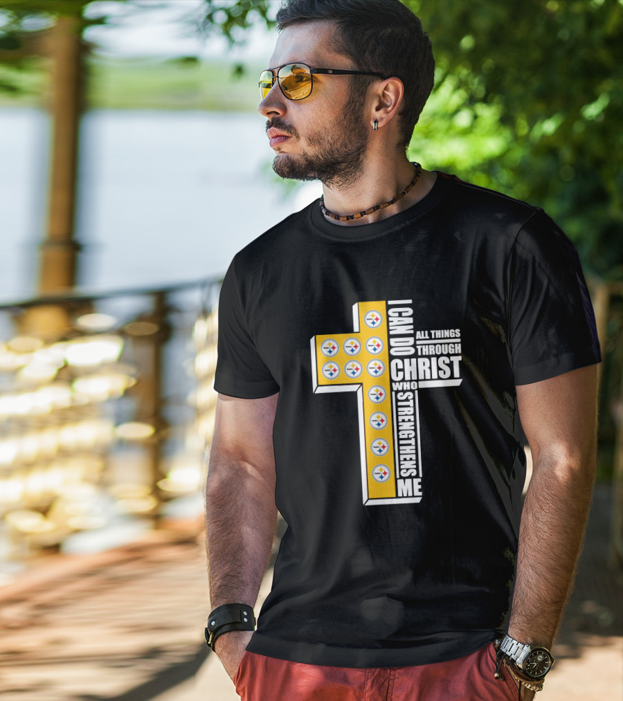 Steelers I Can Do All Things Through Christ Who Strengthens Me Cross Football Logos T-Shirt