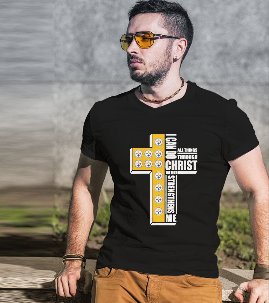 Steelers I Can Do All Things Through Christ Who Strengthens Me Cross Football Logos T-Shirt