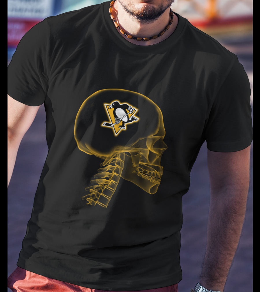 X-Ray Skull With Pittsburgh Penguins Hockey Logo Inside Brain T-Shirt