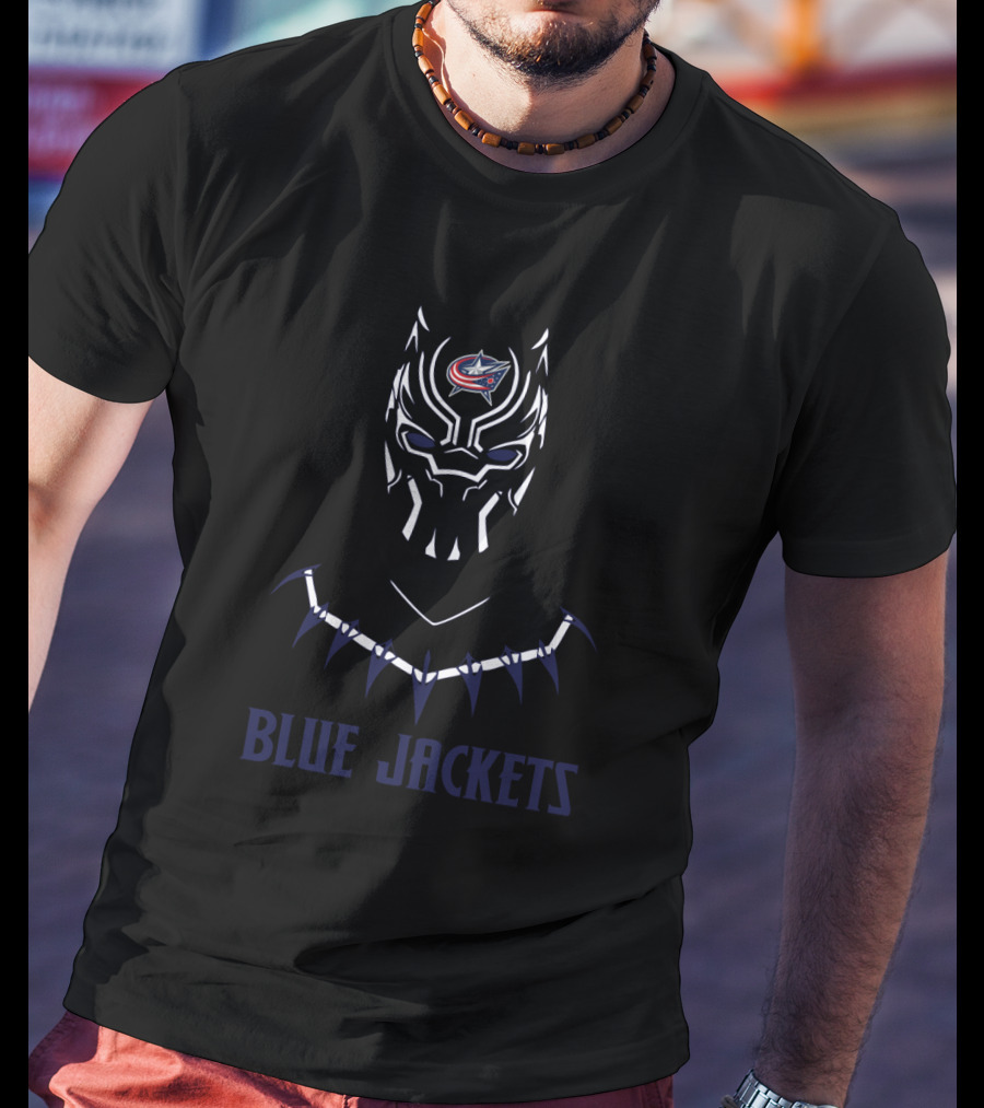 Blue Jackets NHL Logo With Black Panther Helmet T-Shirt