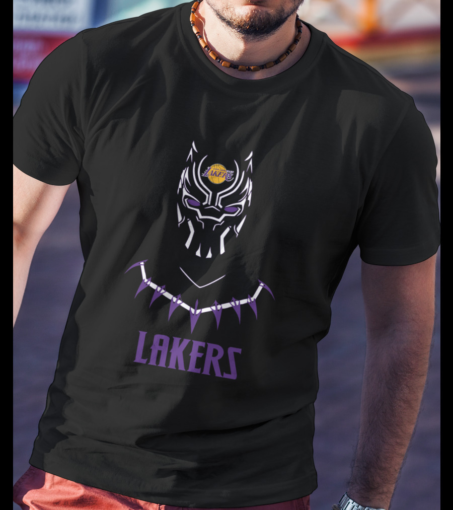 Lakers Fan Black Panther Mask With Los Angeles Lakers Logo And Purple Necklace T-Shirt