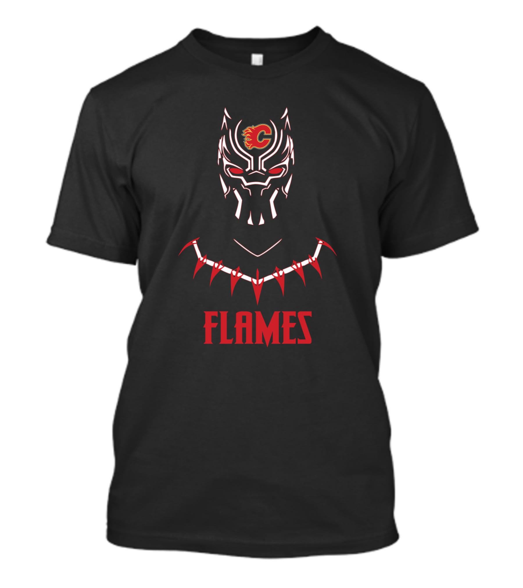 Black Panther Mask With Calgary Flames Logo And Red Flames T-Shirt