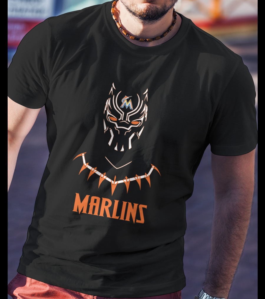 Miami Marlins Black Panther Mashup With Marlins Text And Mask T-Shirt