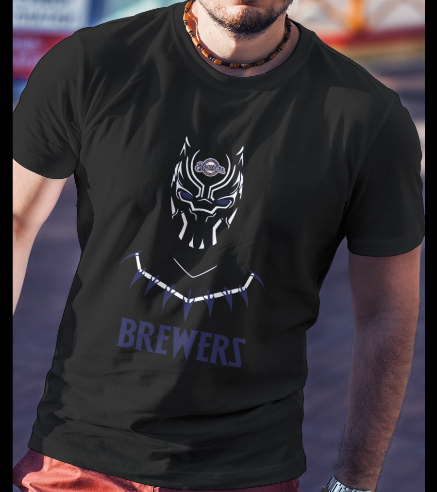 Brewers Black Panther Face With Milwaukee Brewers Logo And Styled Necklace T-Shirt