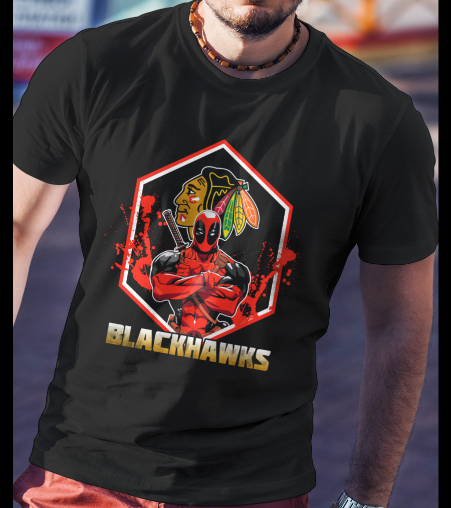 Deadpool With Chicago Blackhawks Logo Embrace T-Shirt