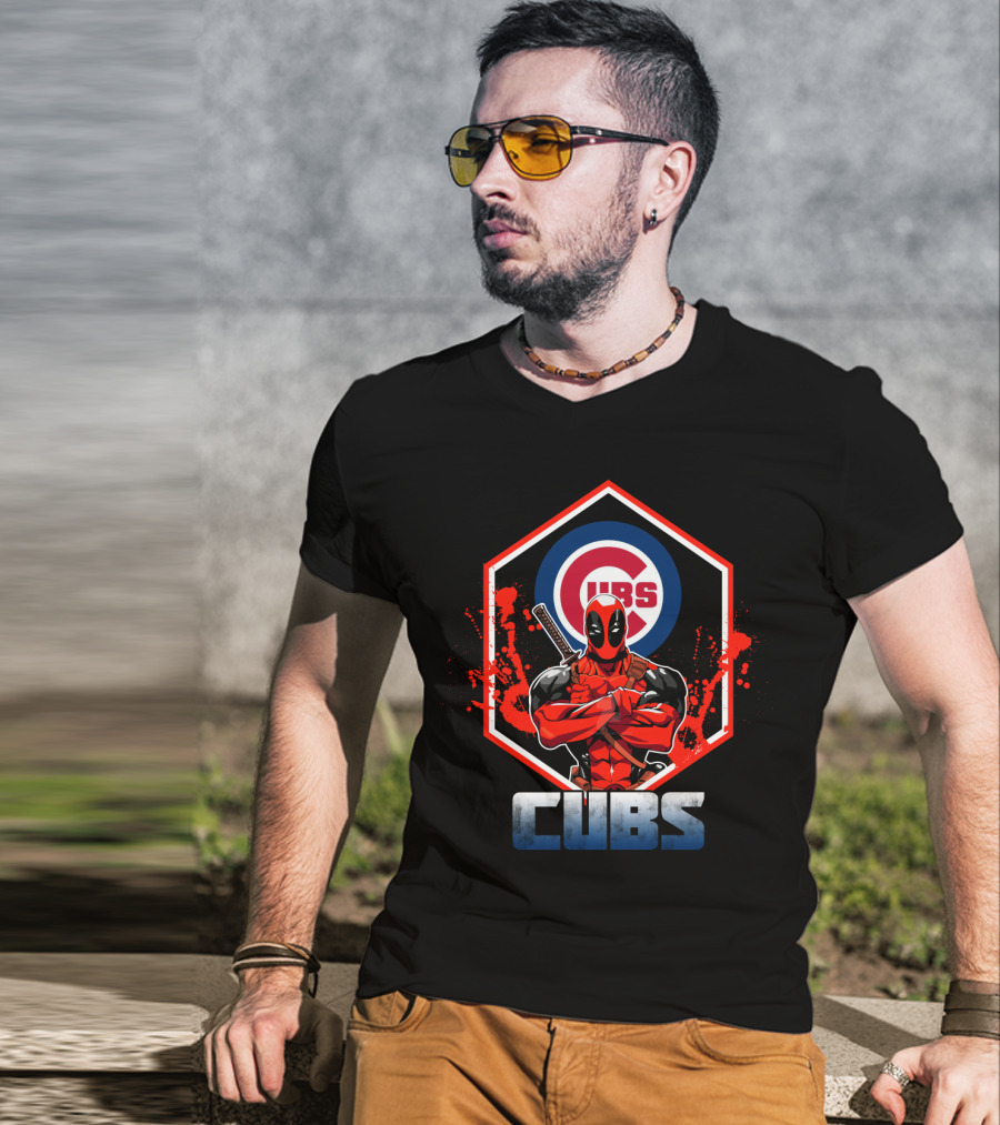 Deadpool Cubs Baseball Fan Fusion Featuring Iconic Chicago Cubs T-Shirt