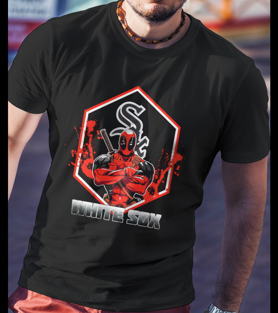 Deadpool And Chicago White Sox Fan Crossover Featuring Sox Logo And White Sox T-Shirt