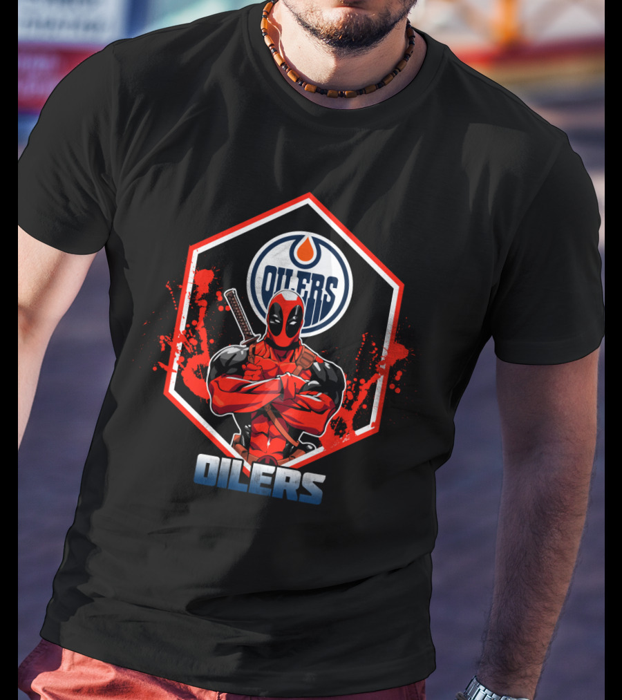 Deadpool Edmonton Oilers Fans Logo Crossover T-Shirt