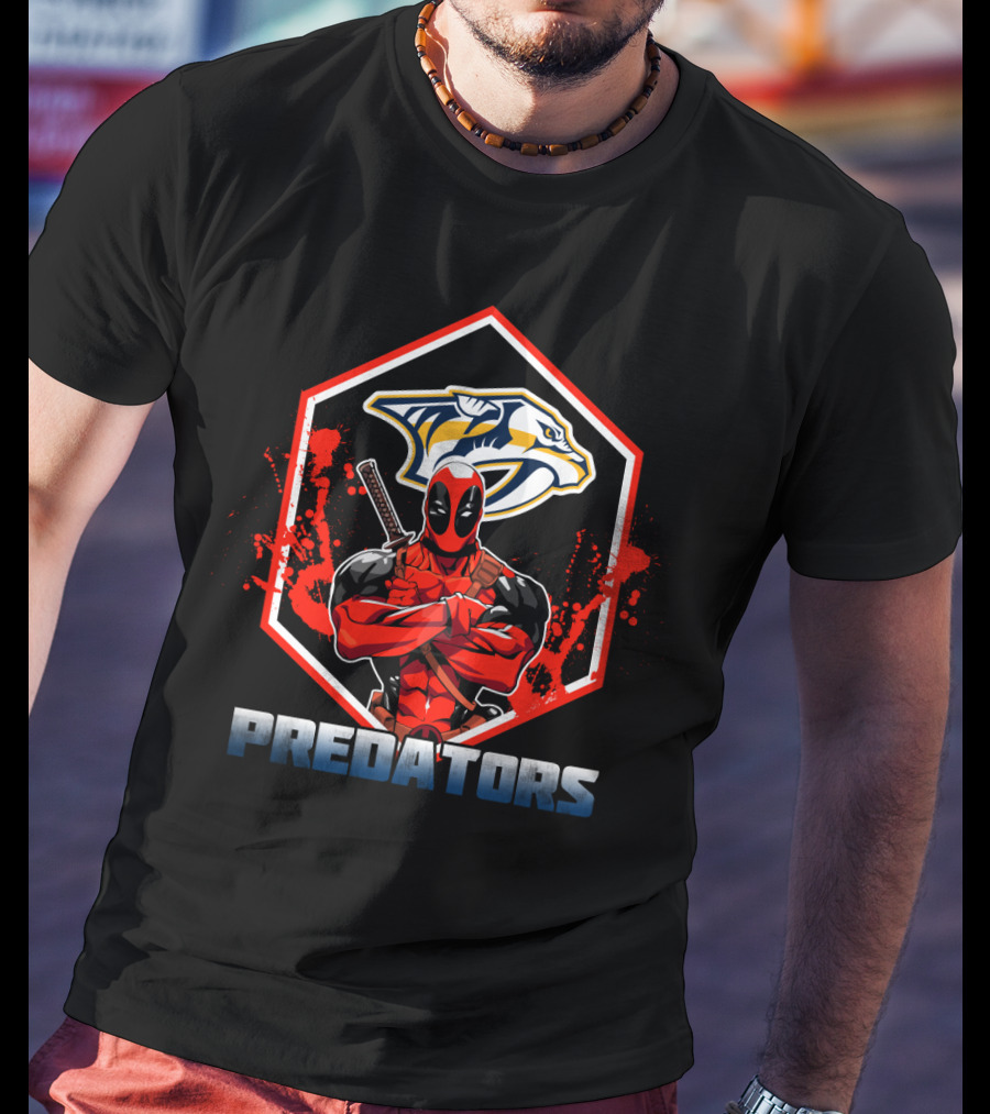 Deadpool Crossing Arms In Front Of Nashville Predators Logo With Red Splatter Background T-Shirt