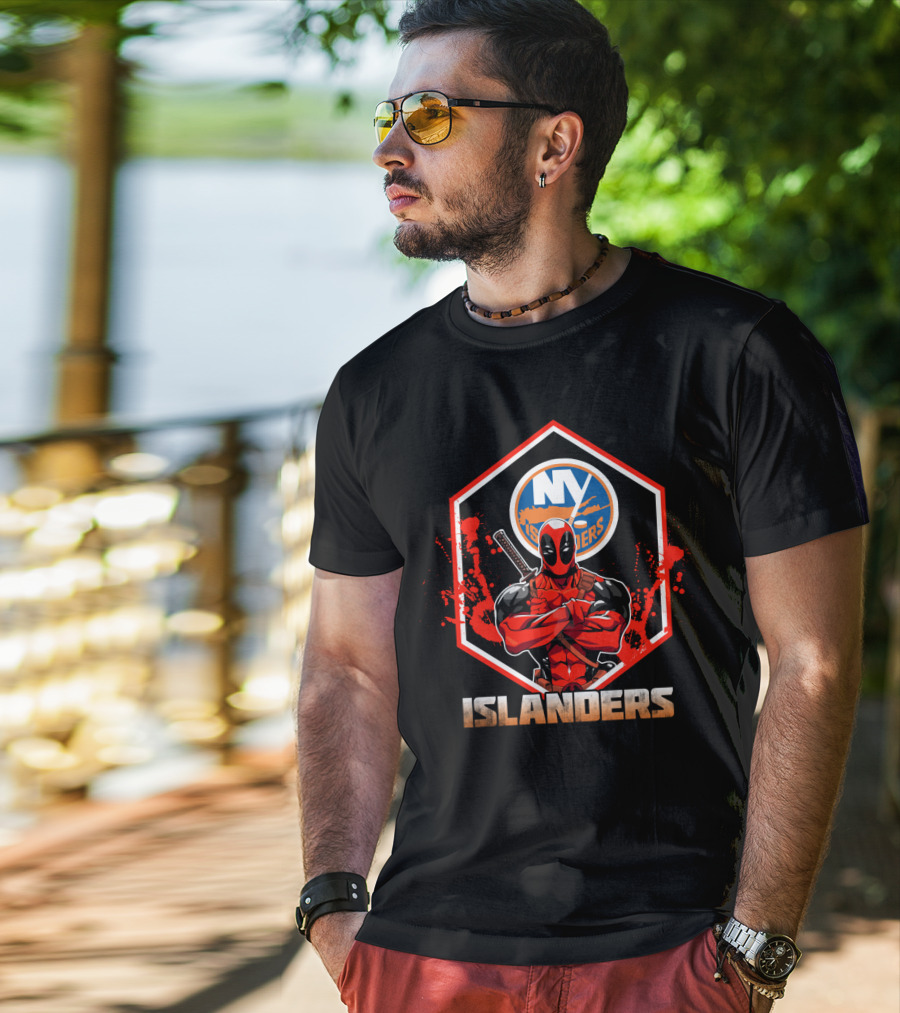 Deadpool NY Islanders Crossover Fan Art With Hockey And Comic Book Themes T-Shirt