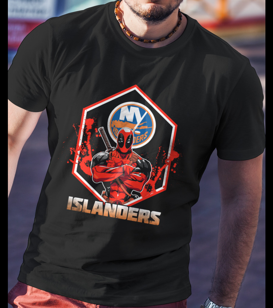 Deadpool NY Islanders Crossover Fan Art With Hockey And Comic Book Themes T-Shirt
