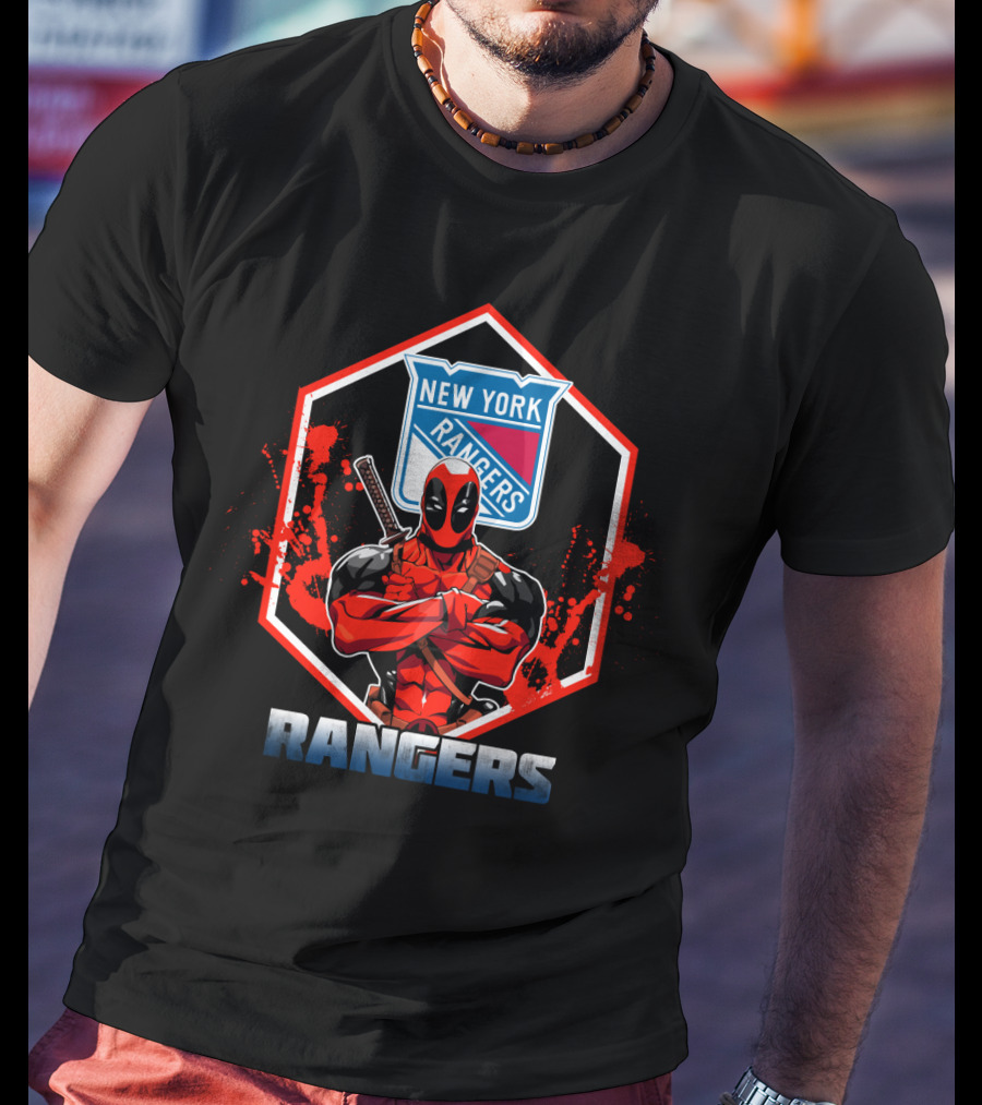 Deadpool Posing With New York Rangers Hockey Logo And Ranger Text Combination T-Shirt