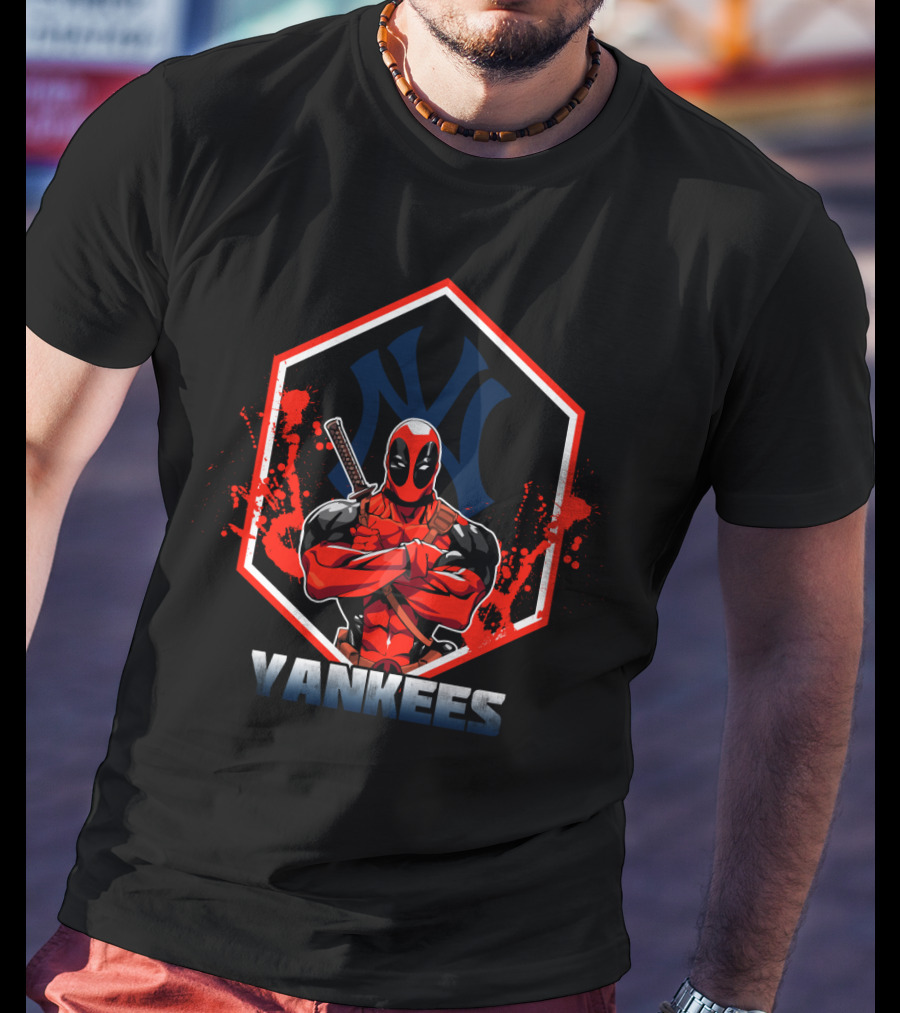 Deadpool Yankees Mashup Fan Art With Logo And Iconic Character T-Shirt