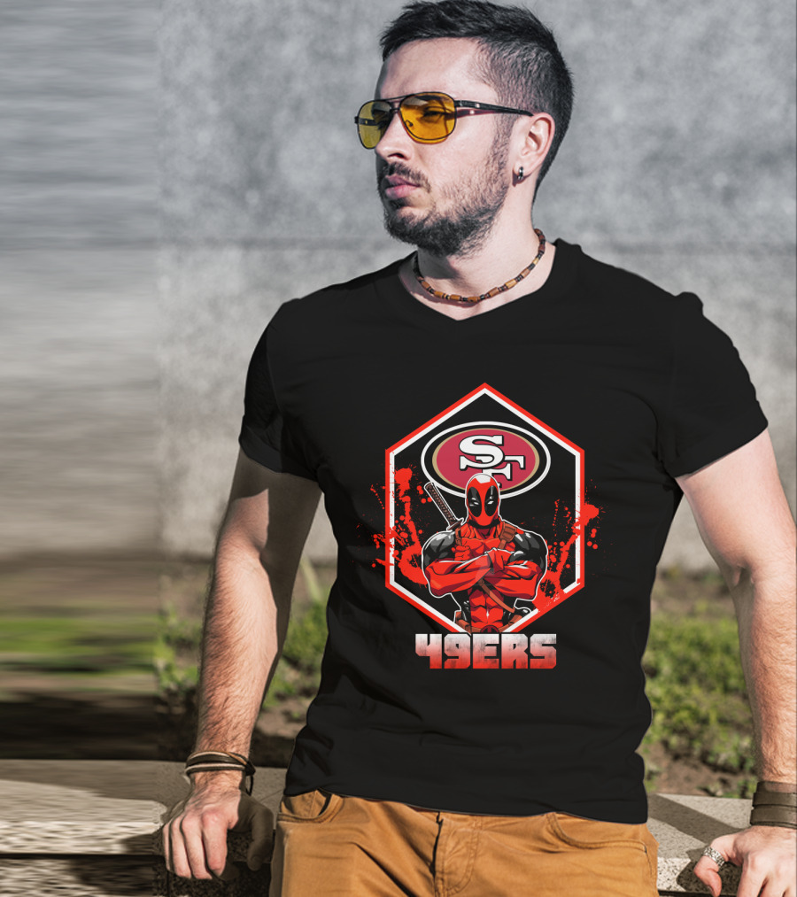 Deadpool Crossing Arms In Front Of San Francisco 49ers Logo With 49ers T-Shirt