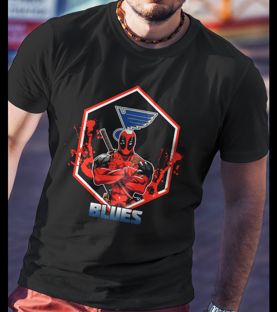 Deadpool Crossed Arms St. Louis Blues Hexagon Logo Fan T-Shirt