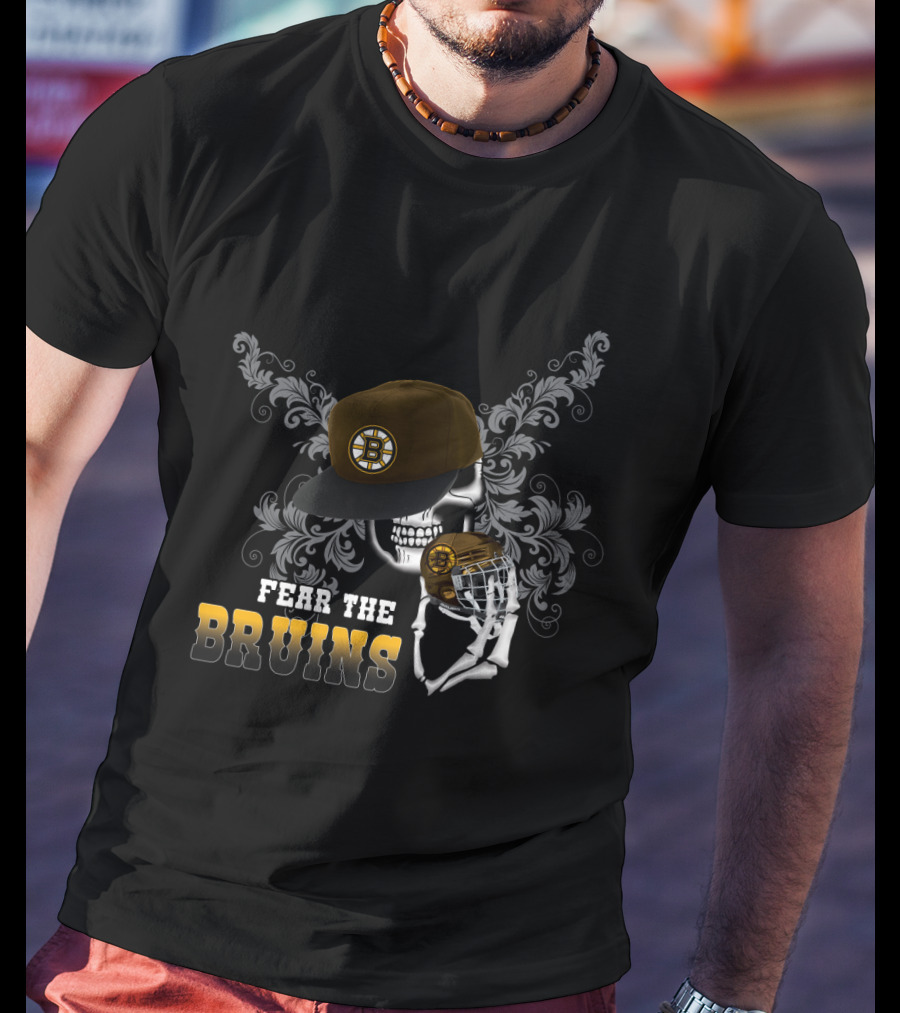 Boston Bruins Skull With Cap And Hockey Helmet - Fear The Bruins T-Shirt