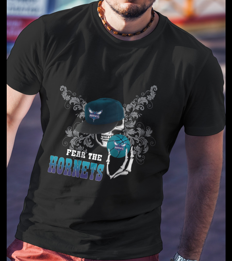 Fear The Hornets Skull Skeleton Cap Basketball Fans T-Shirt