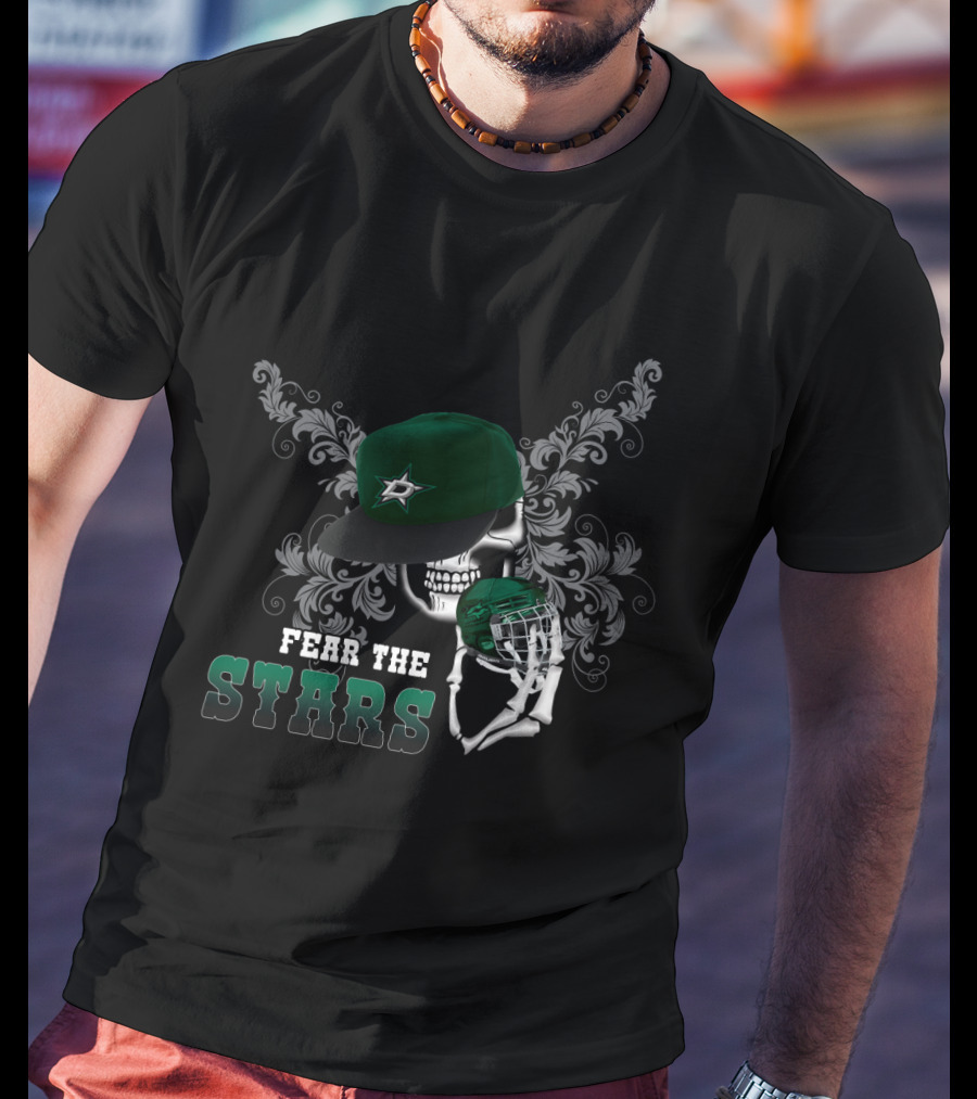 Fear The Dallas Stars Hockey Skull With Cap And Helmet T-Shirt