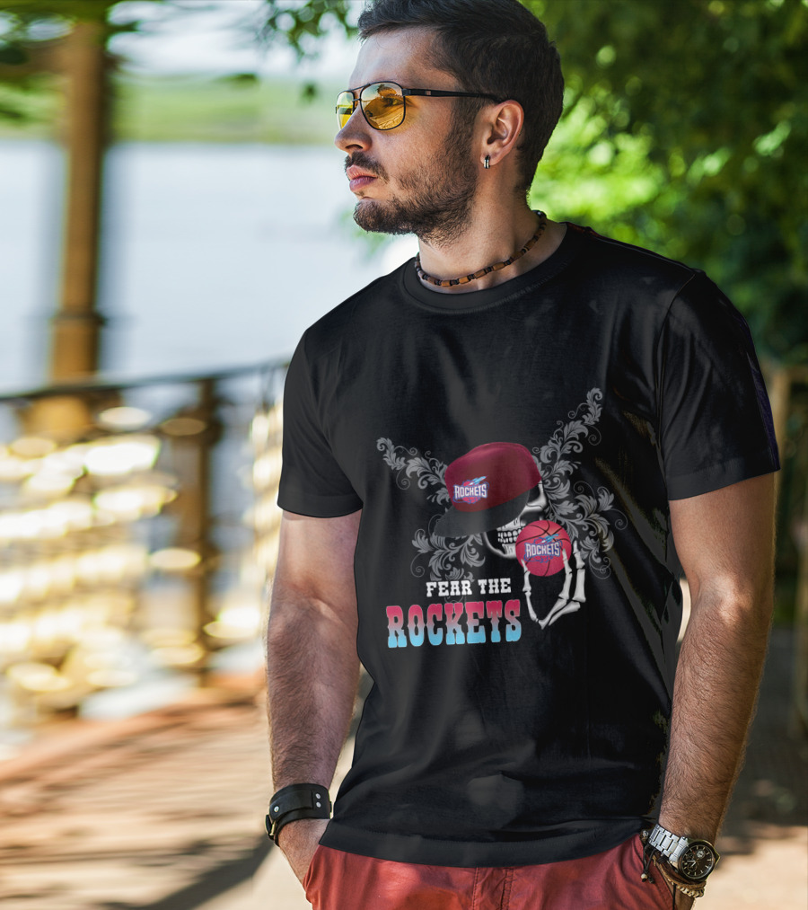 Fear The Rockets Skeleton Hat Basketball T-Shirt