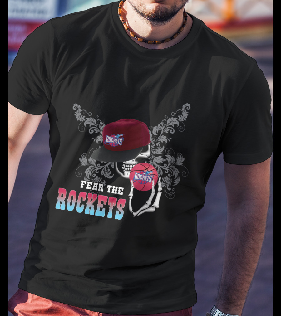Fear The Rockets Skeleton Hat Basketball T-Shirt