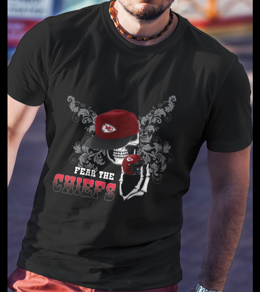 Fear The Chiefs Skull With Kansas City Helmet And Cap T-Shirt