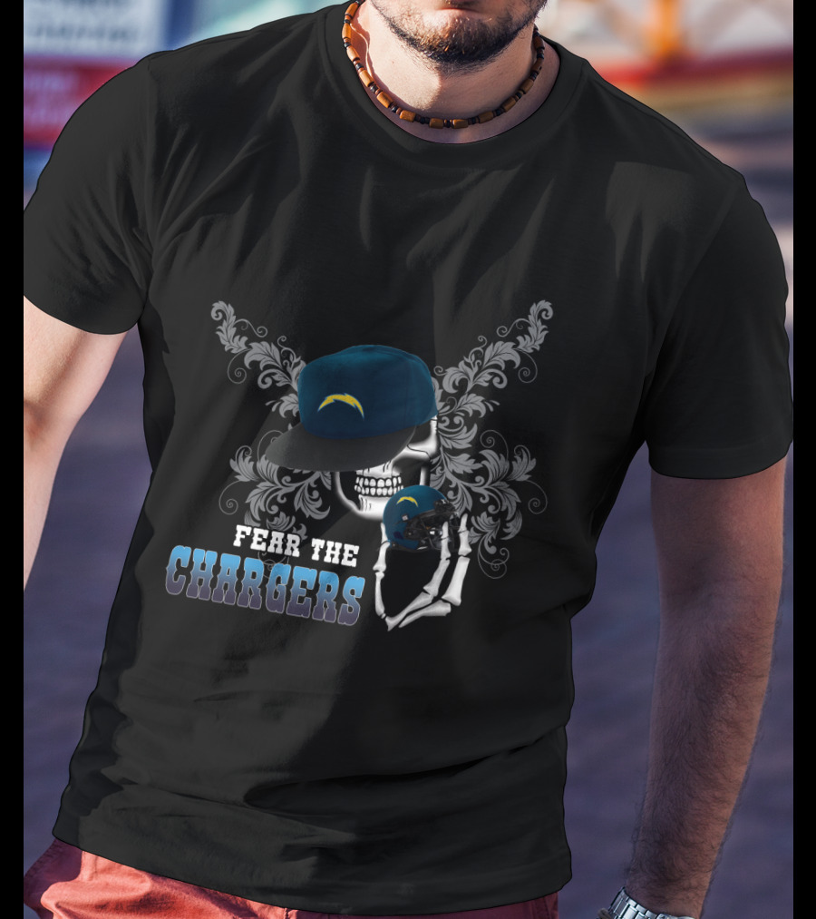 Fear The Chargers Skull And Helmet With Los Angeles Chargers Elements T-Shirt