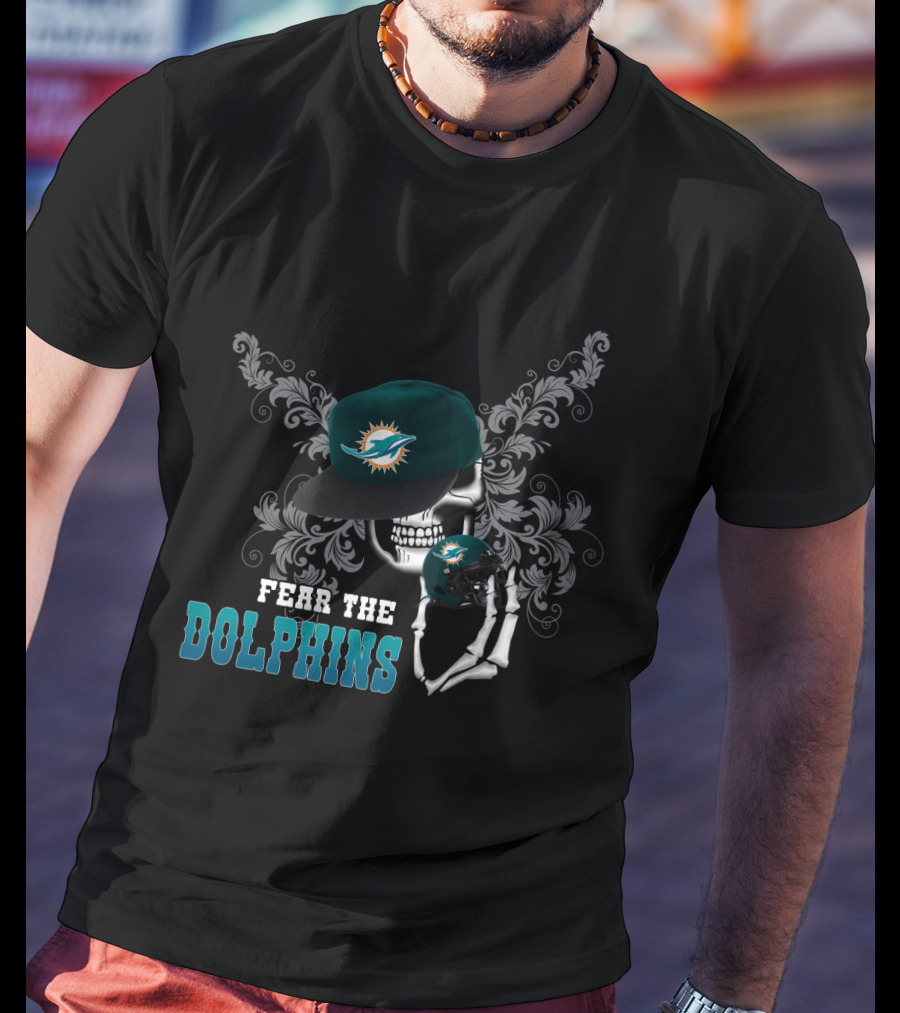 Fear The Dolphins Miami Skull With Helmet And Cap T-Shirt