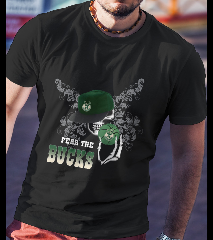 Fear The Bucks Skeleton Holding Basketball Milwaukee Bucks Fans T-Shirt