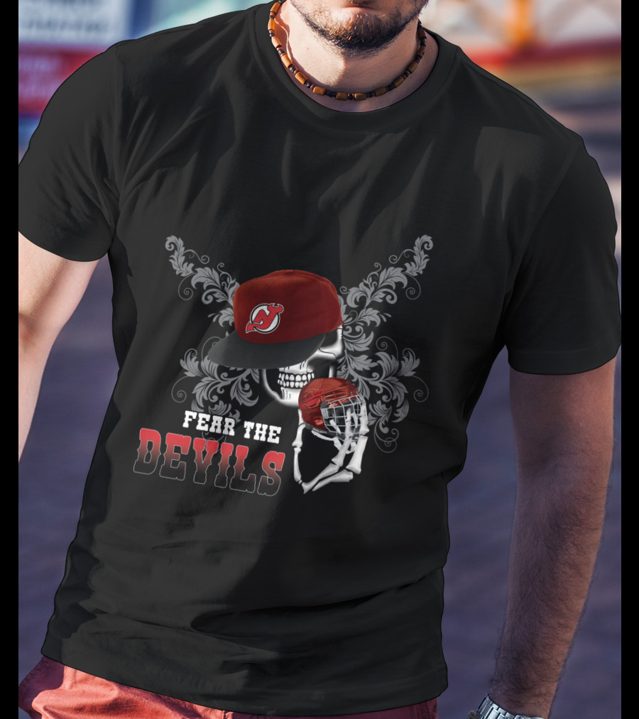 Fear The Devils Skull With New Jersey Devils Cap And Hockey Helmet T-Shirt