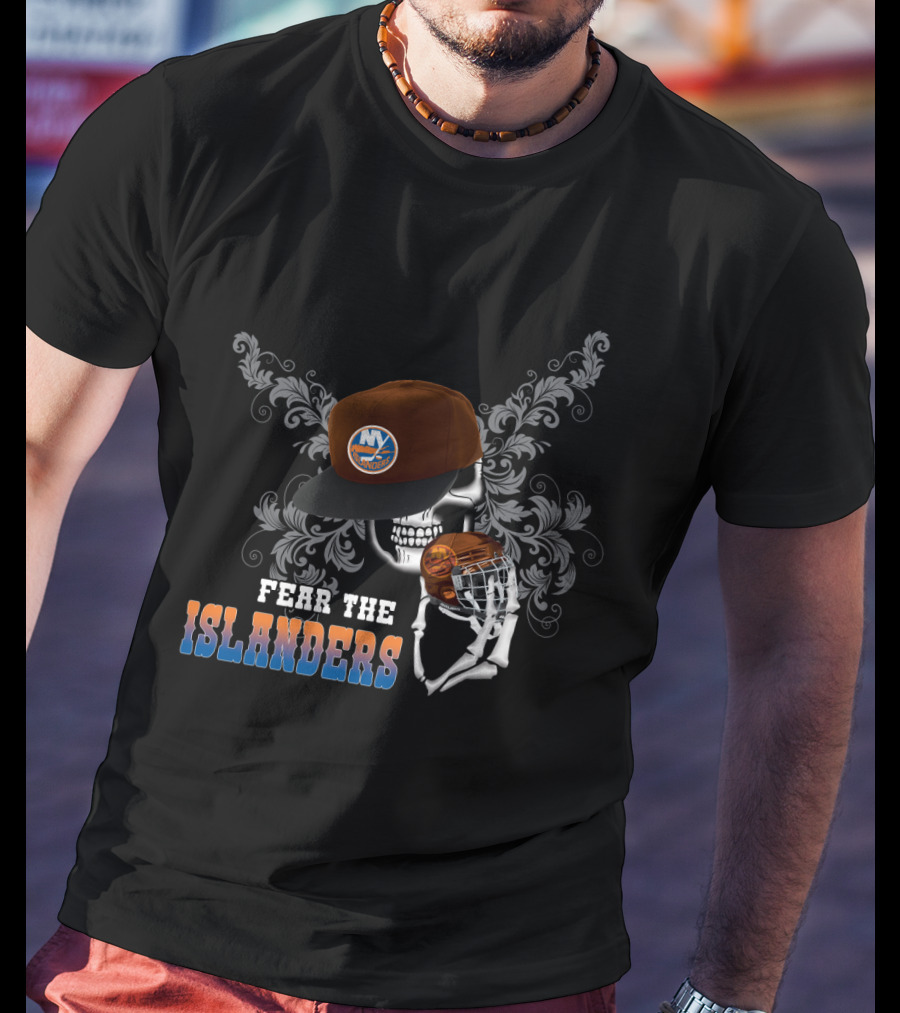Fear The Islanders Skull Art With New York Islanders Hockey Helmet And Cap T-Shirt