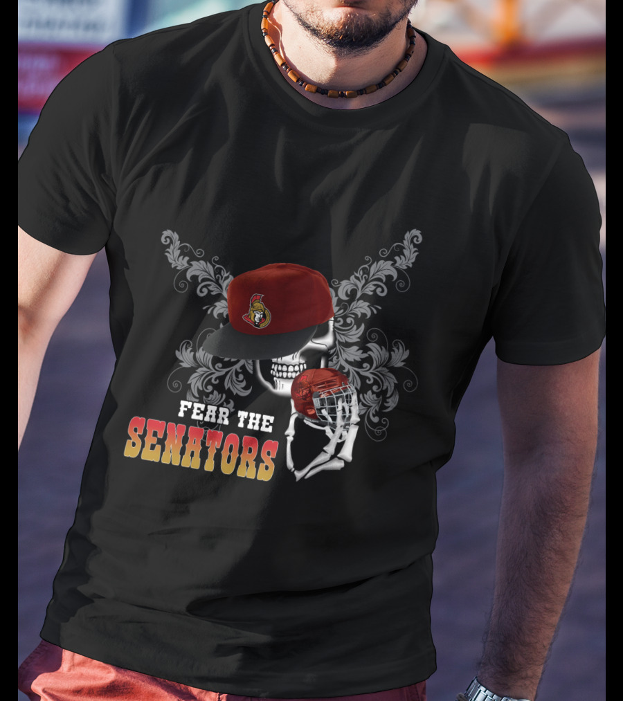 Ottawa Senators Fear The Skull With Hockey Helmet And Floral Background T-Shirt