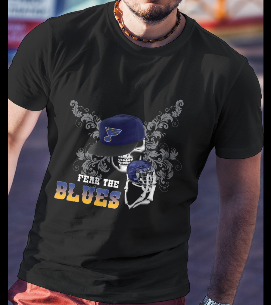 Fear The St. Louis Blues Skull With Hockey Helmet And Cap T-Shirt