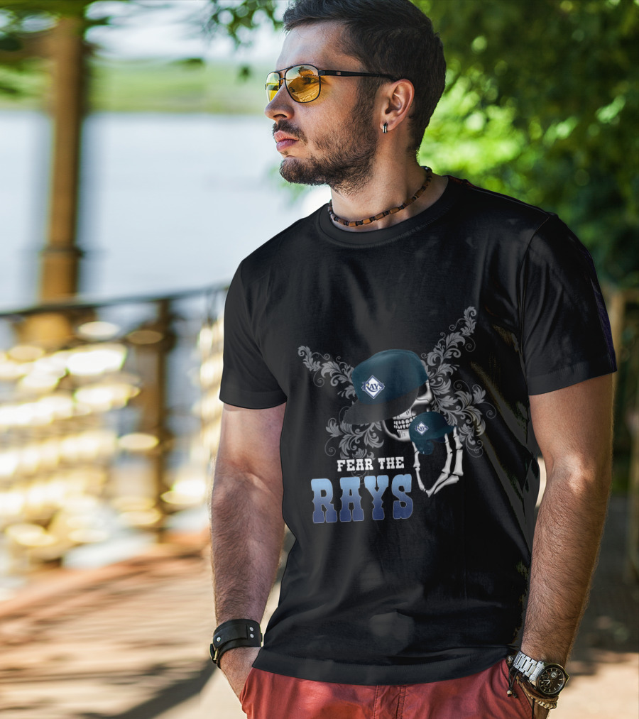 Fear The Rays Skull With Baseball Hat And Glove T-Shirt