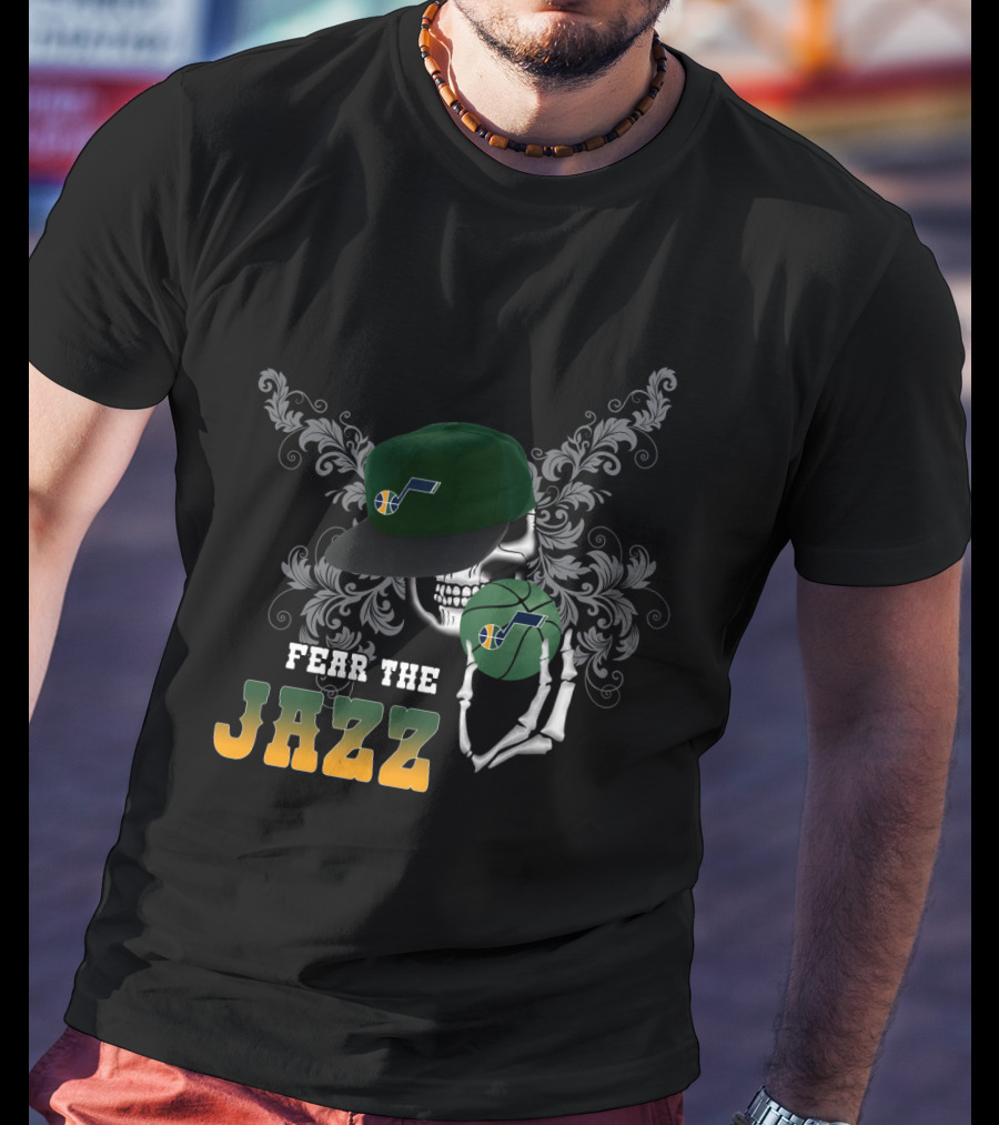 Fear The Jazz Skull With Basketball And Cap With Utah Jazz T-Shirt