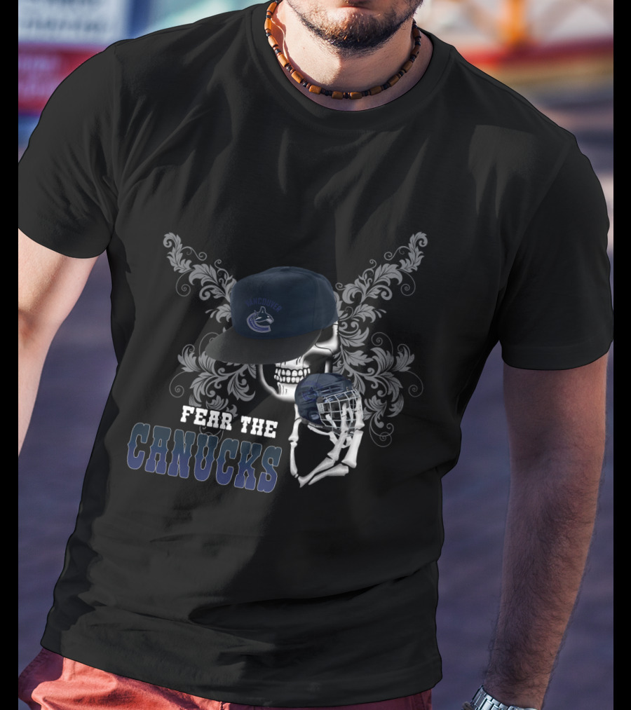 Vancouver Canucks Skull With Cap And Hockey Helmet Graphics T-Shirt