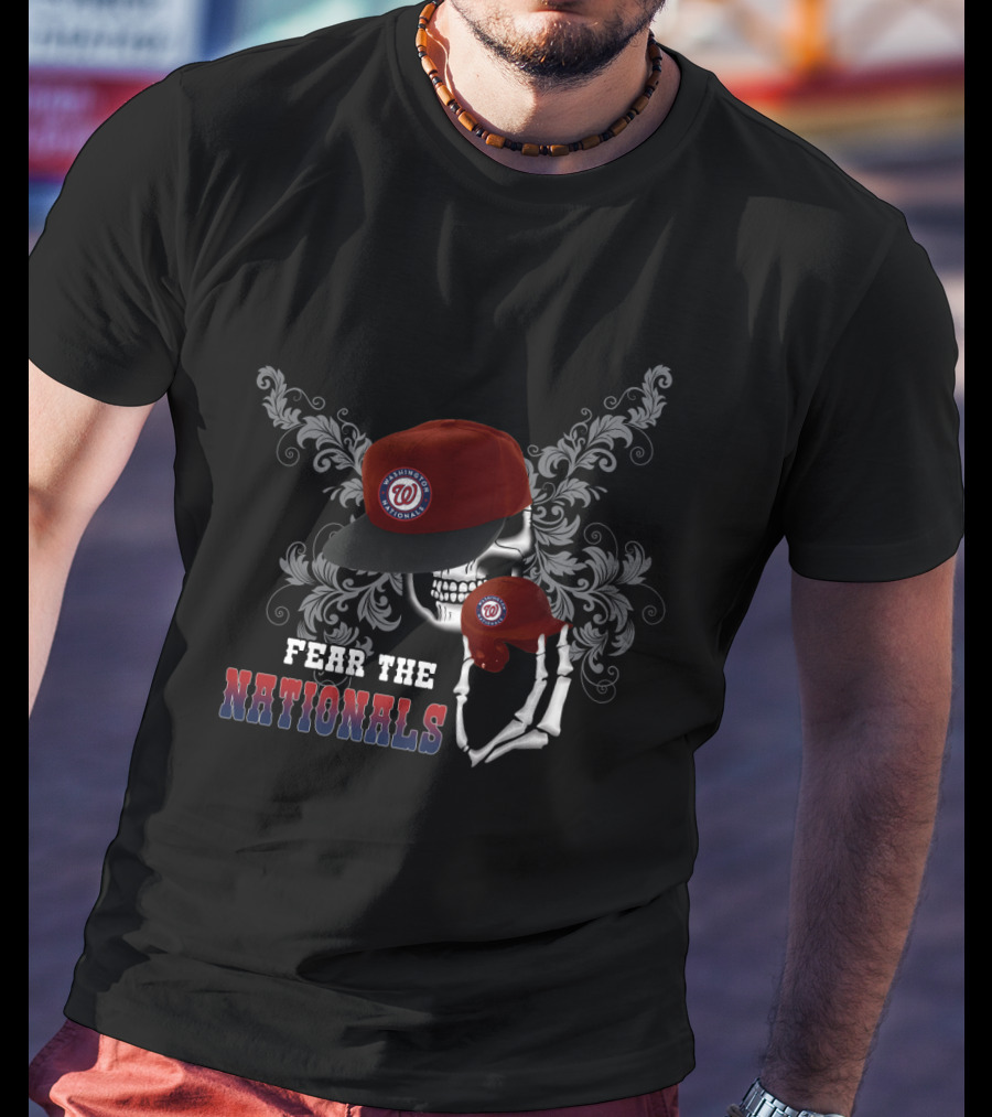 Fear The Washington Nationals Skeleton Skull Grasping Baseball Cap With Ornate Floral Background T-Shirt