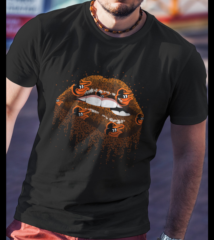 Baltimore Orioles Glitter Lips Fan Art With Logo T-Shirt