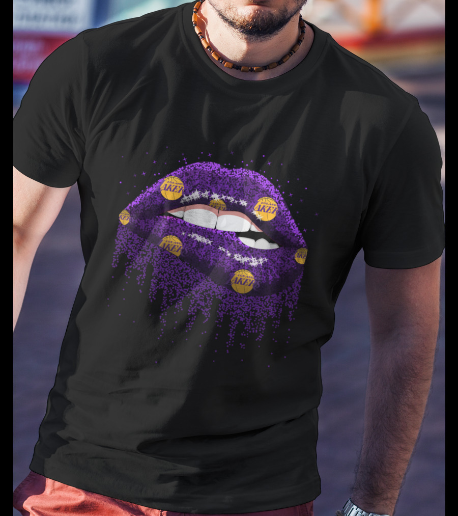 Glitter Purple Lips Decorated With Los Angeles Lakers Basketball Logos For Fans T-Shirt