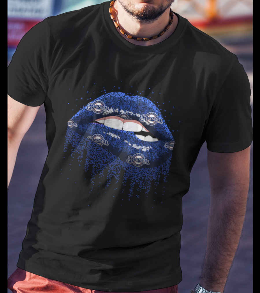 Sparkling Blue Glitter Lips Featuring Milwaukee Brewers Logos For Dedicated Fans T-Shirt