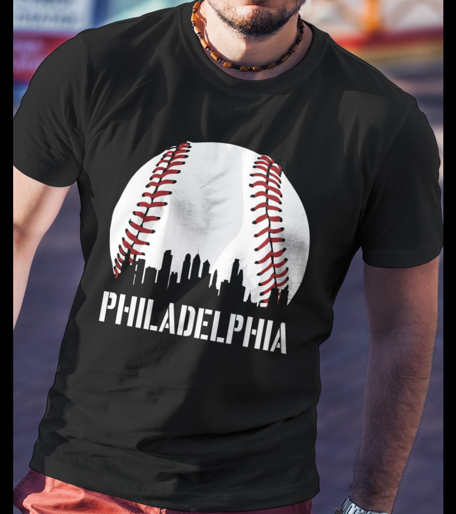 Philadelphia Skyline Baseball Stitching Downtown Philly T-Shirt