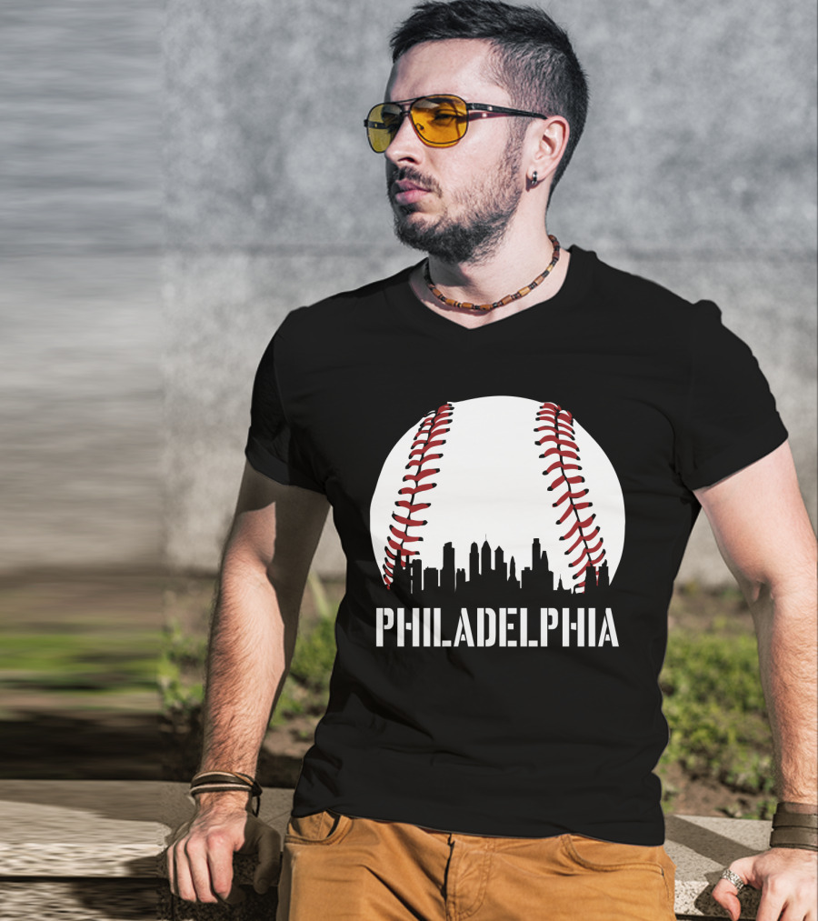 Philadelphia Skyline Baseball Stitching Downtown Philly T-Shirt