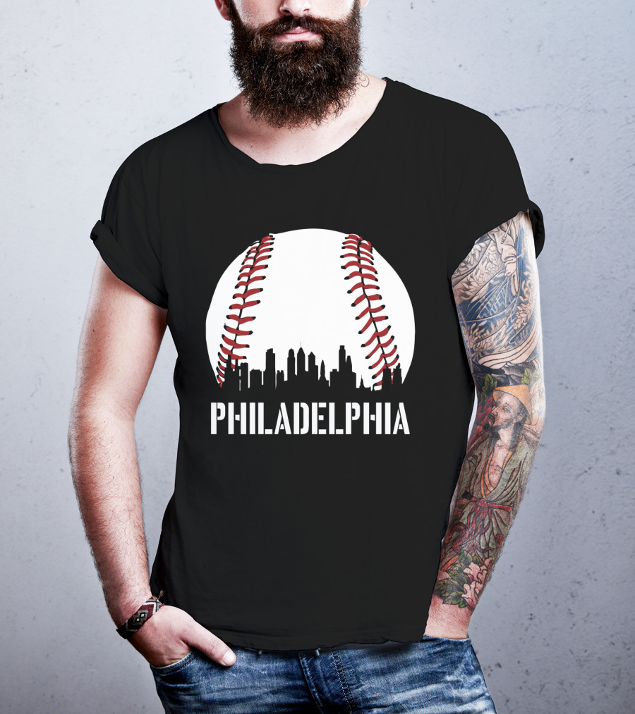Philadelphia Skyline Baseball Stitching Downtown Philly T-Shirt