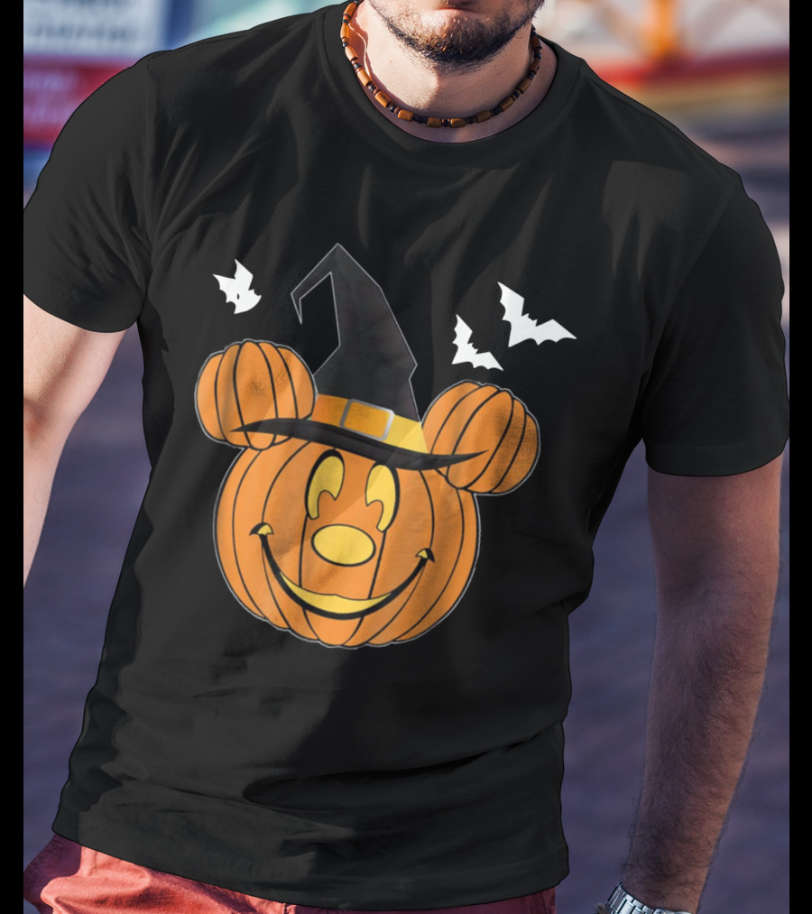 Disney Mickey Mouse Halloween Pumpkin Witch Hat And Bats T-Shirt